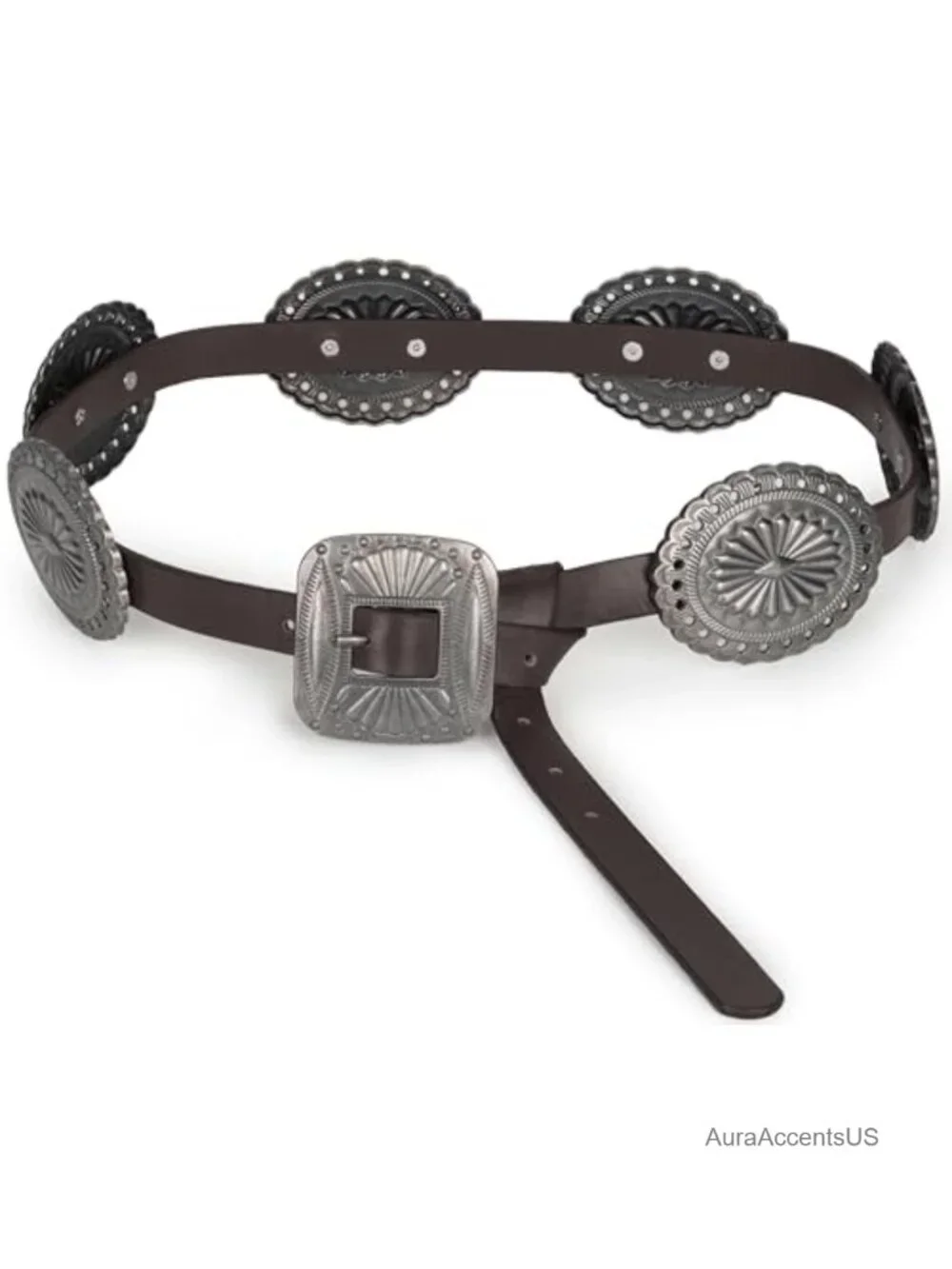 Western Concho Boho PU Leather Belt with Vintage Silver Buckle for Jeans Dresses